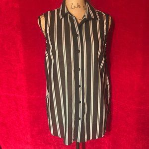 Sleeveless Blouse /Top White/Black stripes Button Down